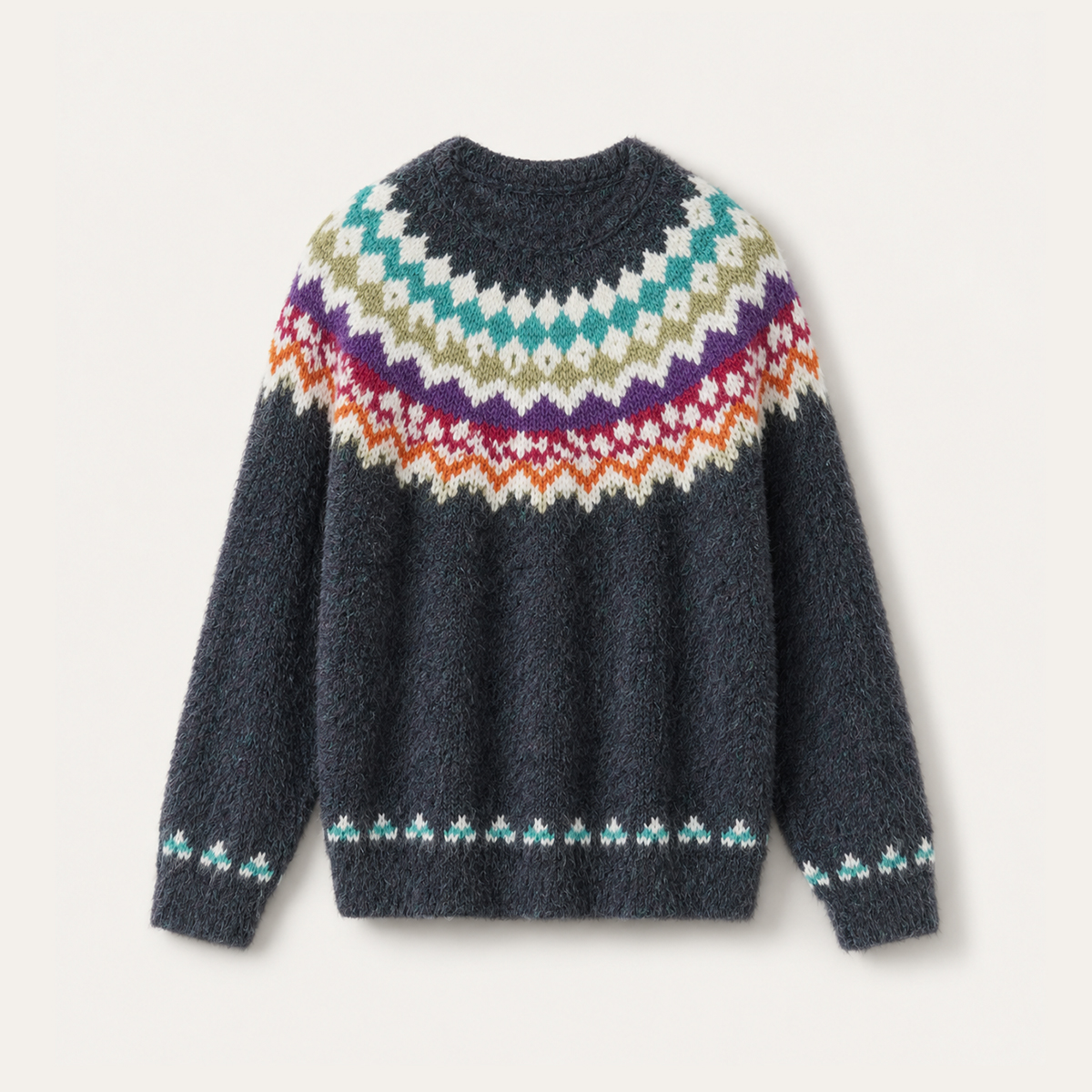 Colorful Nordic-Inspired Yoke Cozy Fuzzy Crewneck Sweater