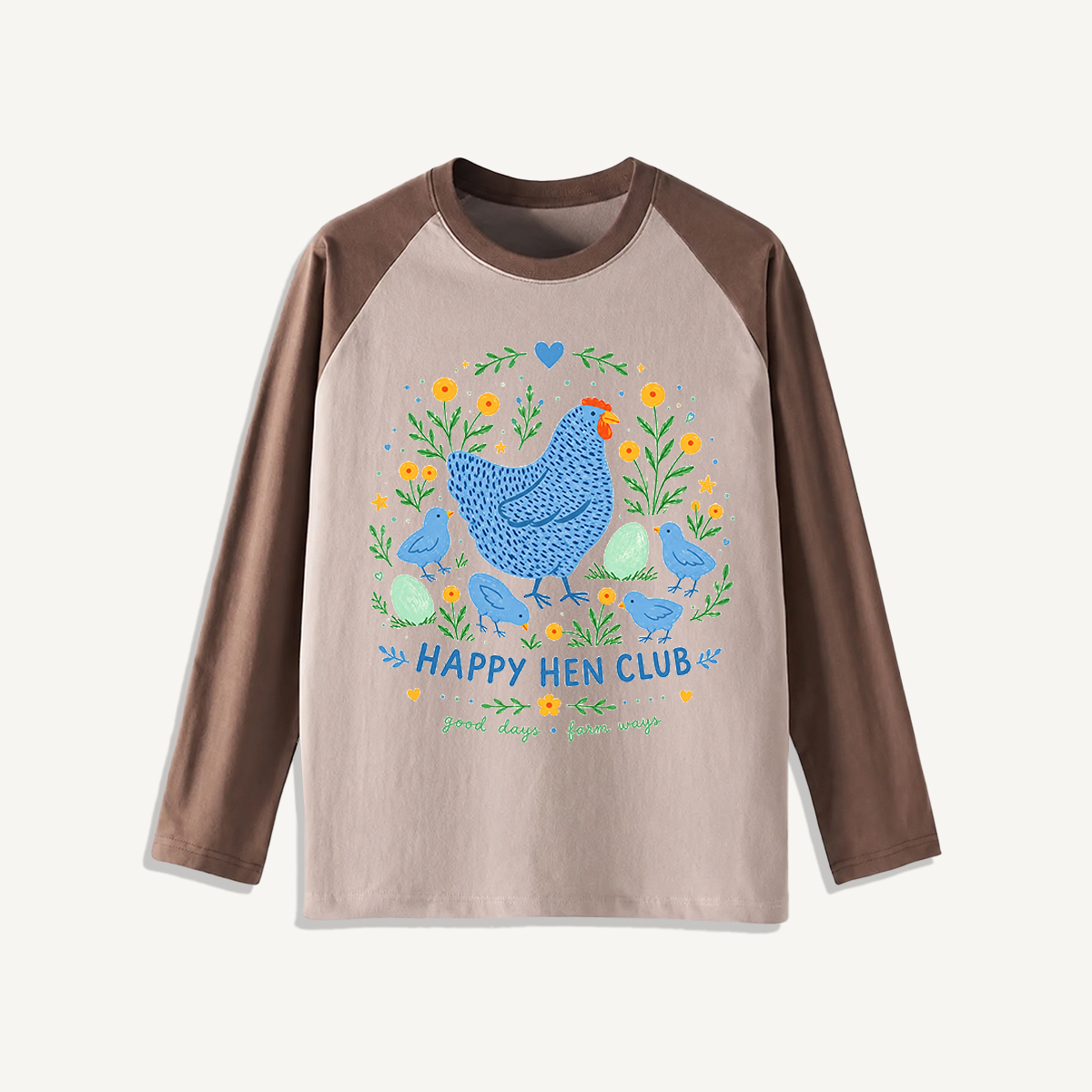 Blue Hen and Chicks Garden Print Raglan Long Sleeve T-shirt