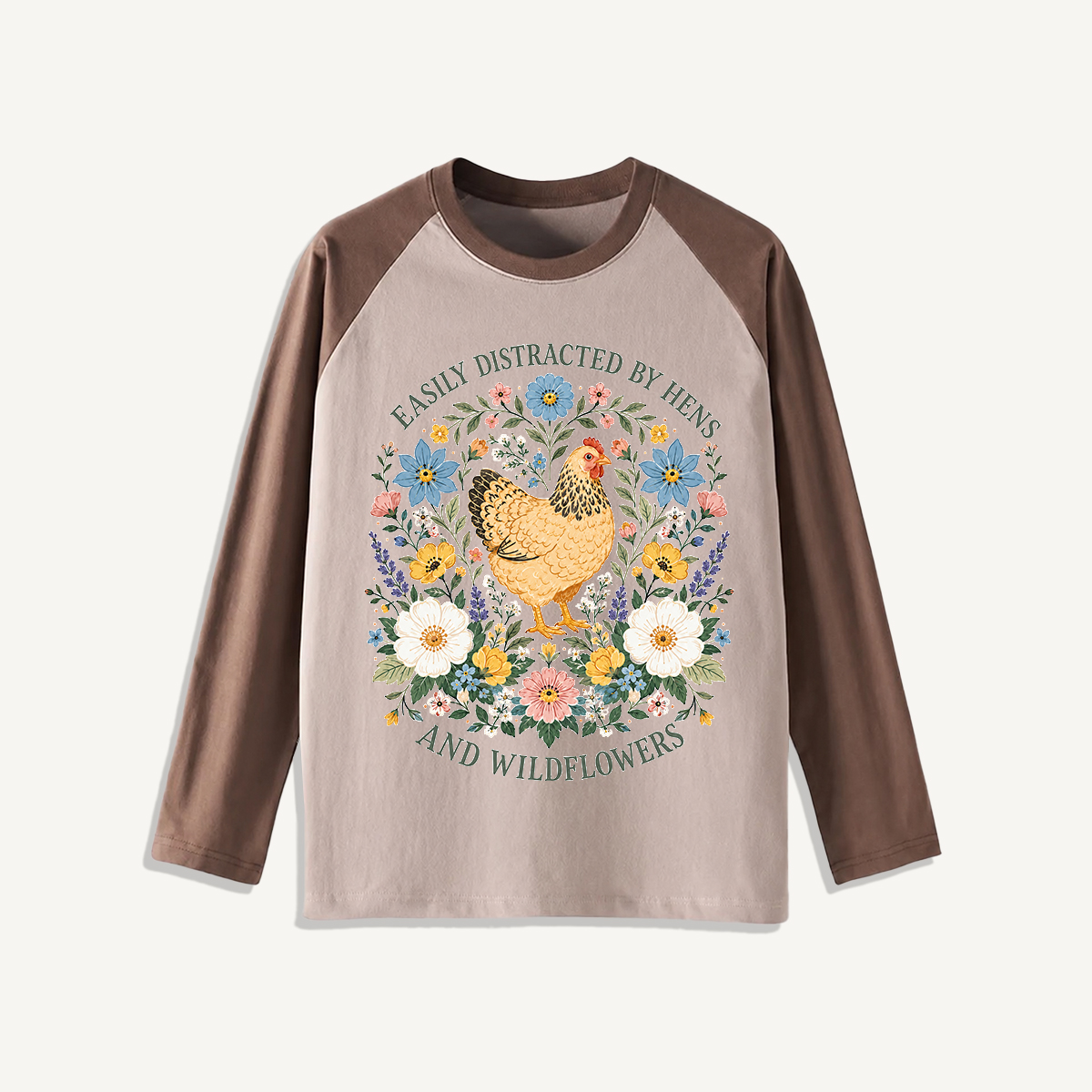 Hen and Wildflowers Cottage Print Raglan Long Sleeve T-shirt