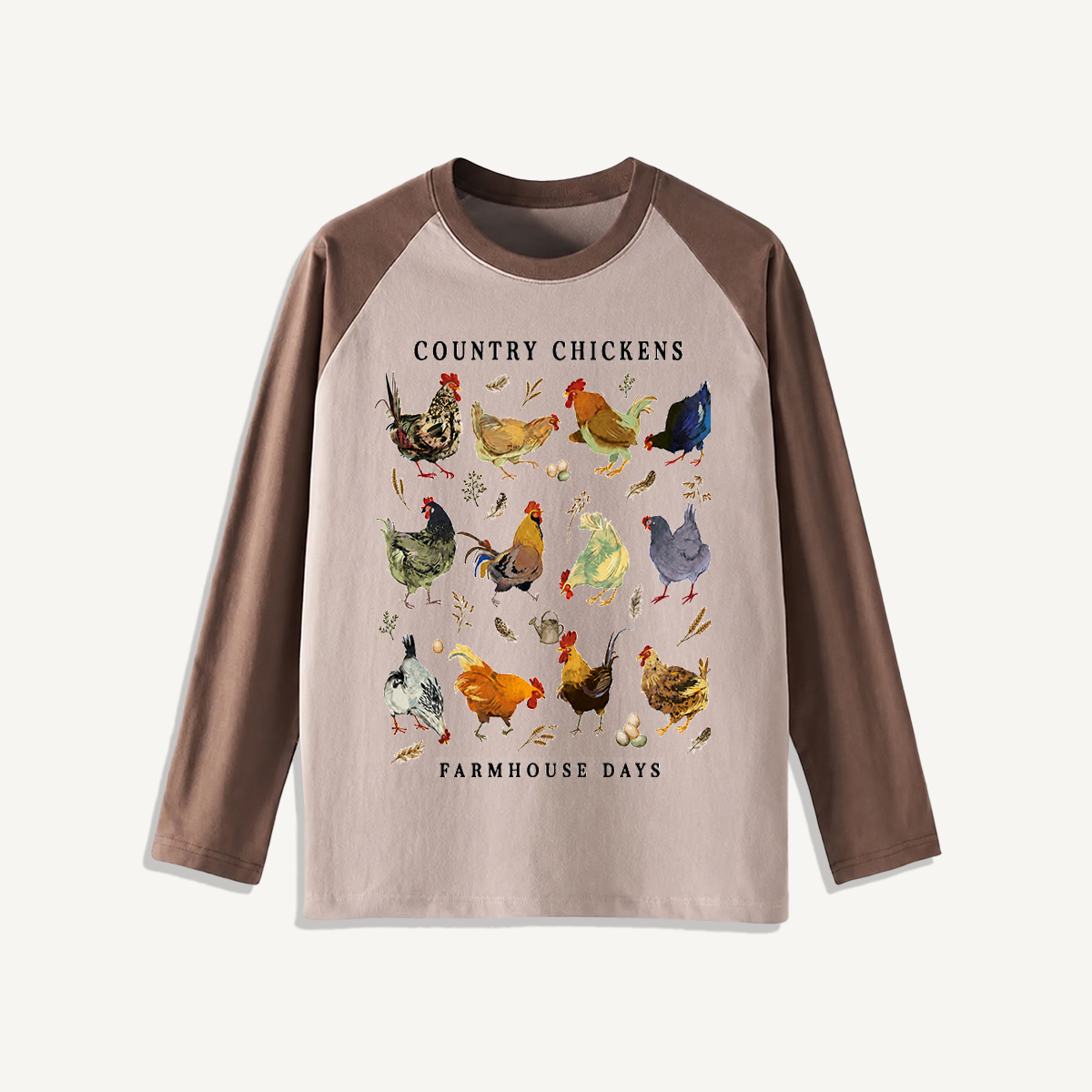 Country Chicken Farmhouse Collection Print Raglan Long Sleeve T-shirt
