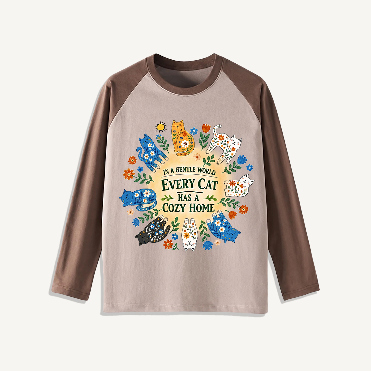 Floral Cats Cozy Home Print Raglan Long Sleeve T-shirt