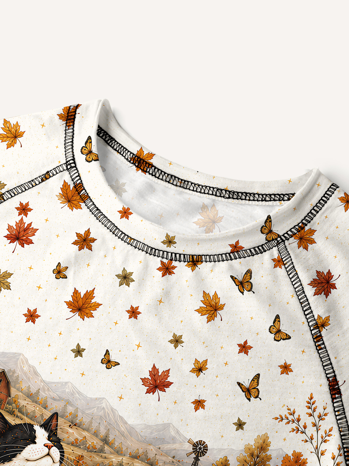 Autumn Pumpkin Field Black Cat All-Over Print Cotton Raglan Long Sleeve Top