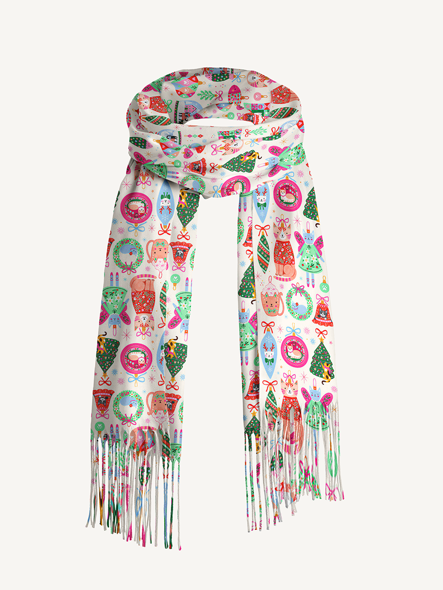 Christmas Cat Ornament Print Cozy Fringed Scarf