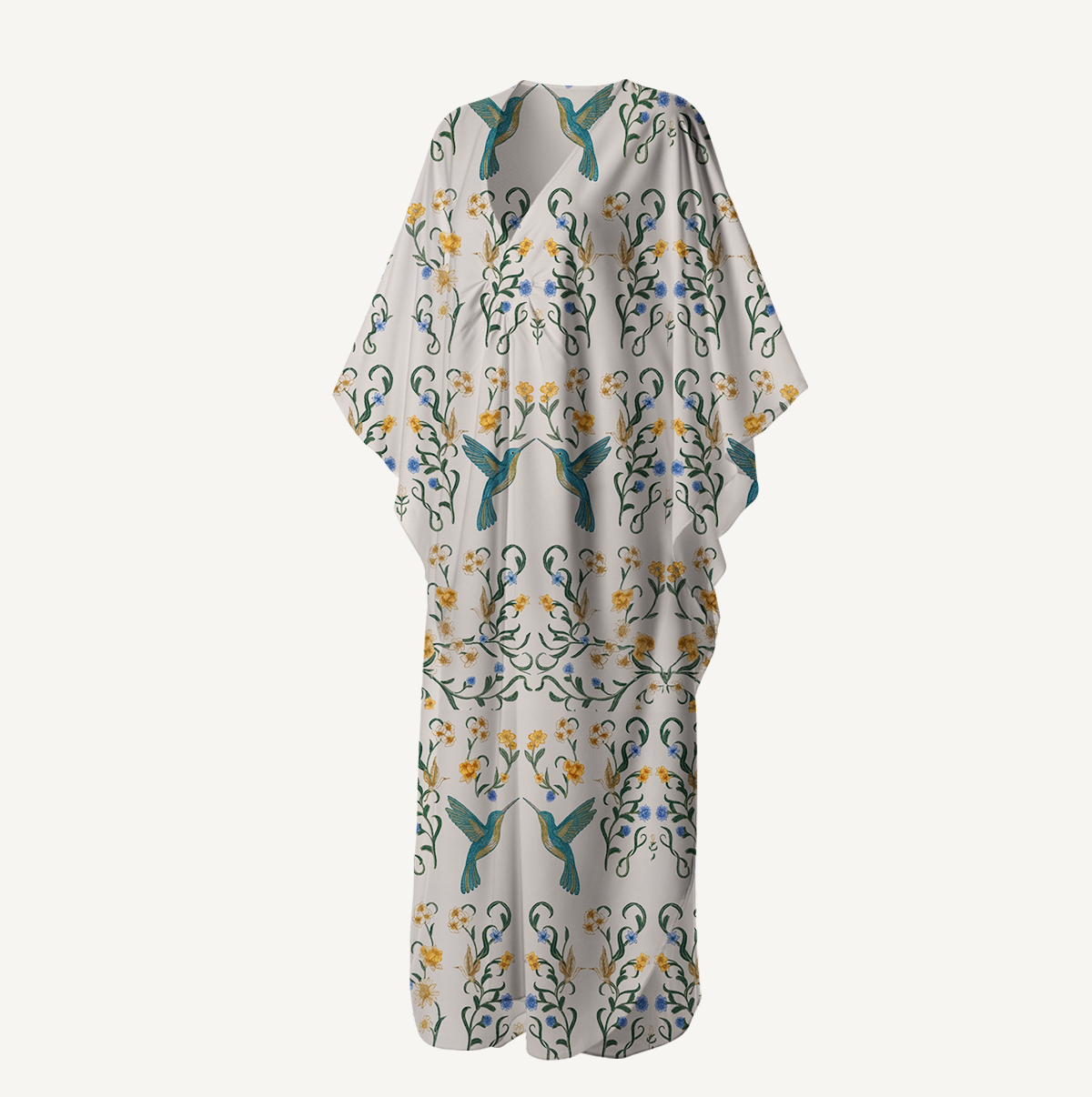  V‑Neck Whispering Hummingbird Kimono Sleeve Kaftan Dress