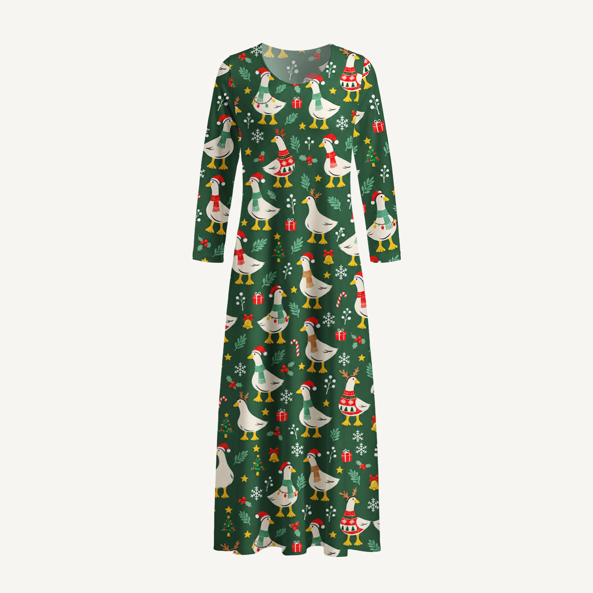 Christmas Goose Parade Print Soft-Touch Stretch Knit Long Sleeve Maxi Dress with Pockets
