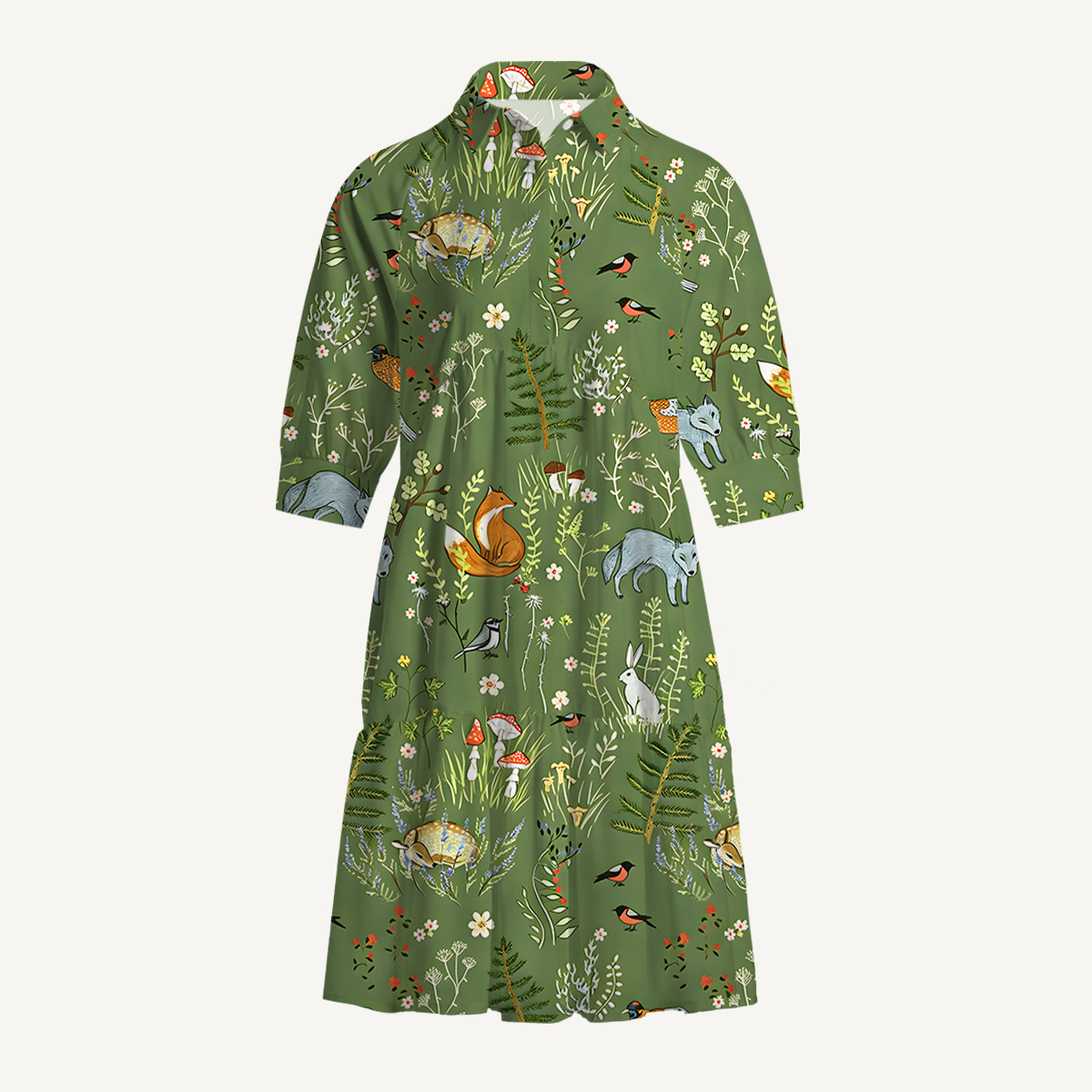 V Neck Collared Whimsical Woodland Animals Mini Dress For Women With Pockets