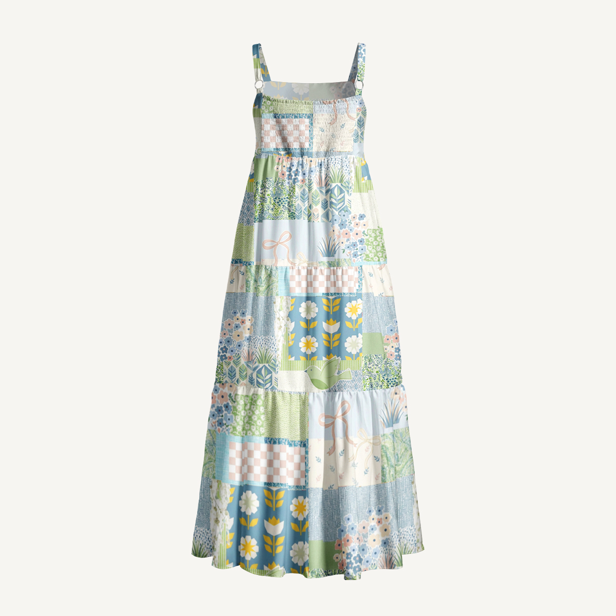 Blue Garden Quilt Print Quilt Wide Straps Maxi Dress With Pockets