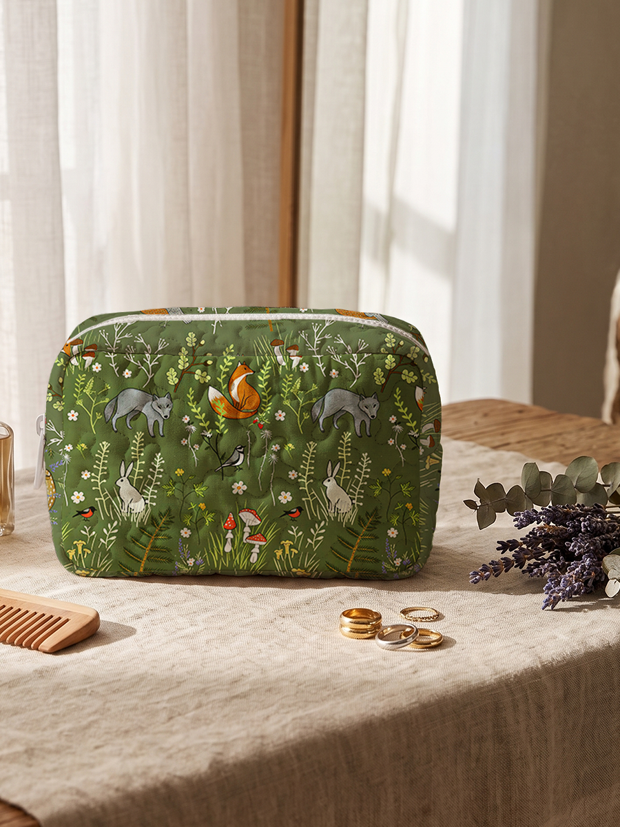 Whimsical Woodland Animals Print Cloud Quilted Cosmetic Pouch