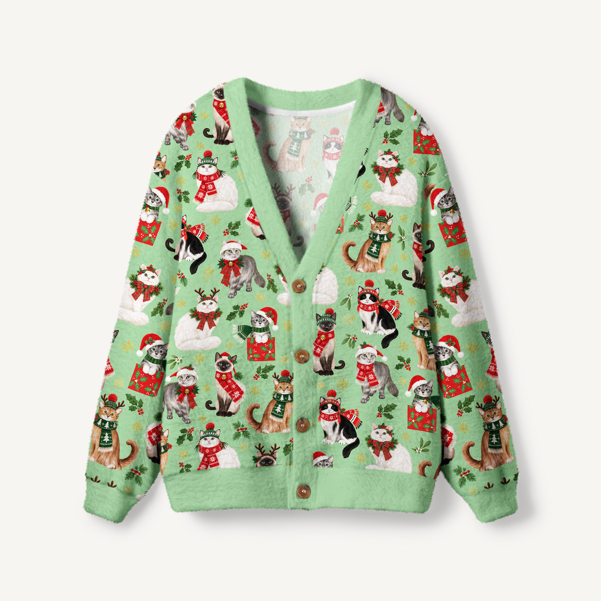 Christmas Kitty Parade Print Ugly Cardigan Sweaters