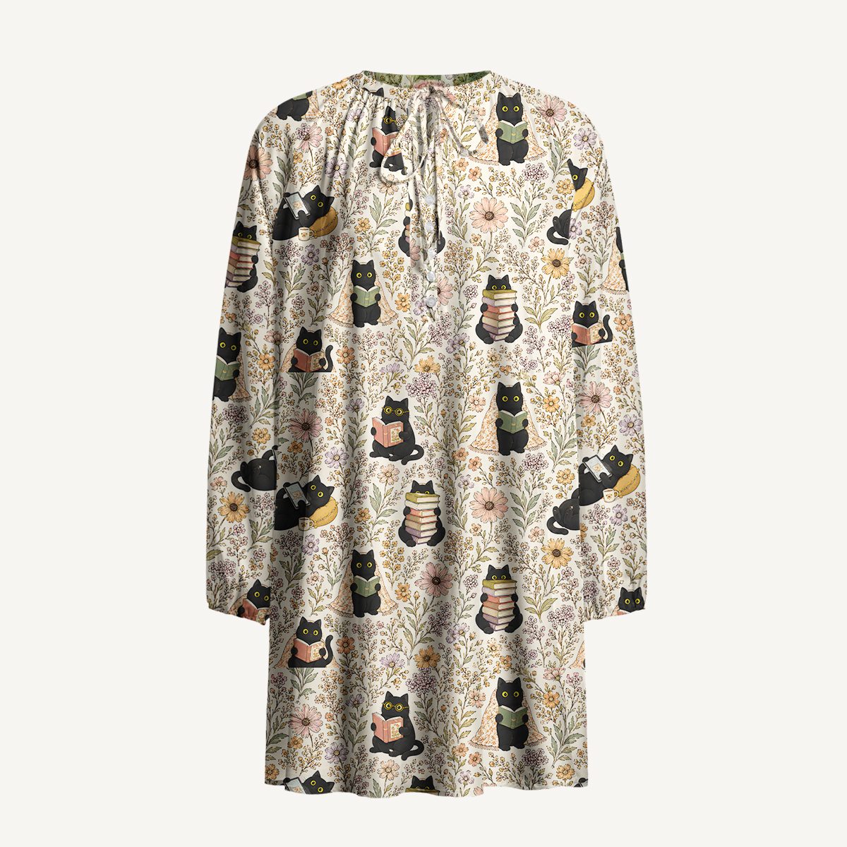 Books Blooms and Black Cats Print Boho Tie‑Neck Smock Mini Dress