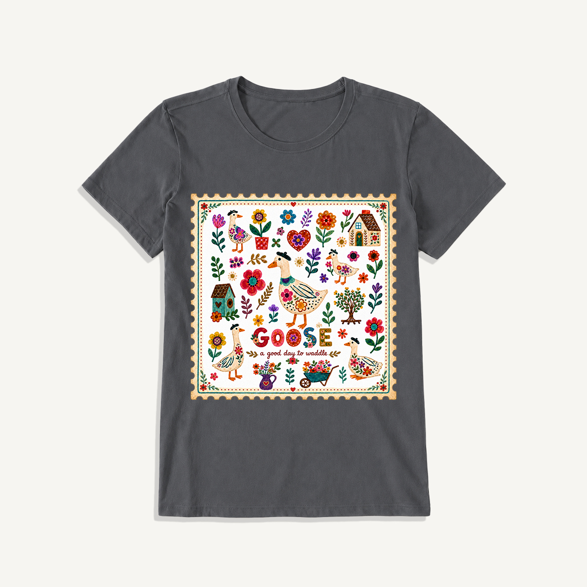 Floral Goose Garden Print Crew Neck Cotton Tee