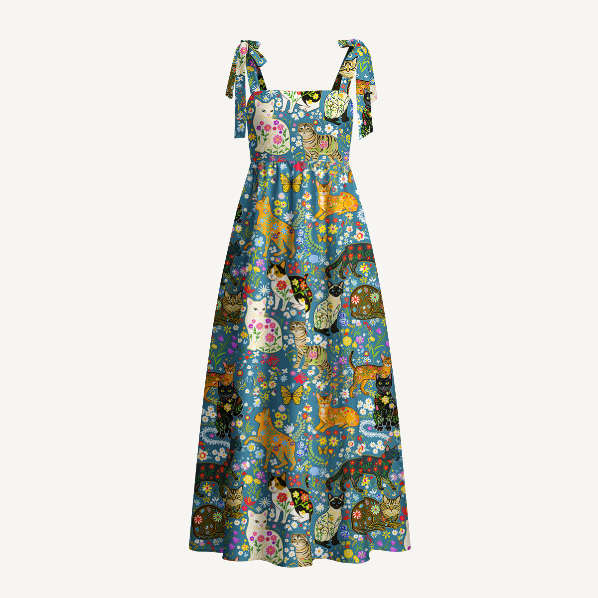 Colorful Garden Cat Print Bow Strap Maxi Dress With Pockets