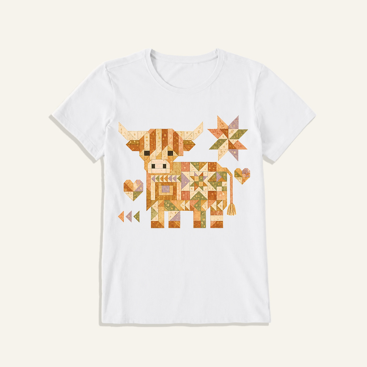 Highland Cow Quilt Art Print Crew Neck Cotton Tee