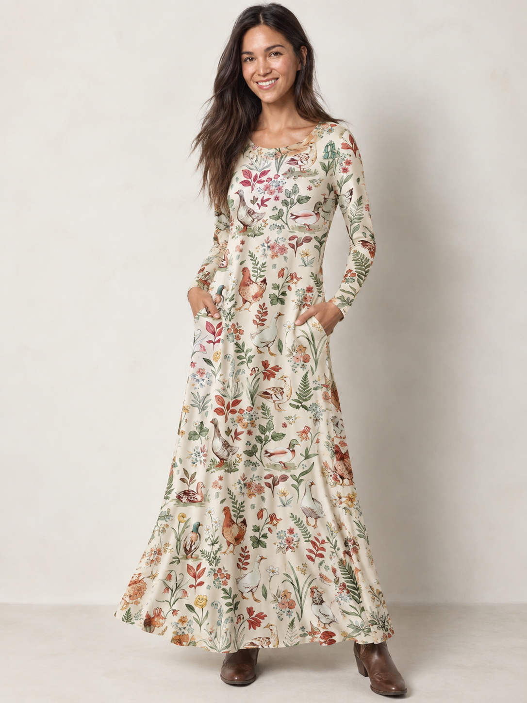 Countryside Garden Critter Print Soft-Touch Stretch Knit Long Sleeve Maxi Dress with Pockets