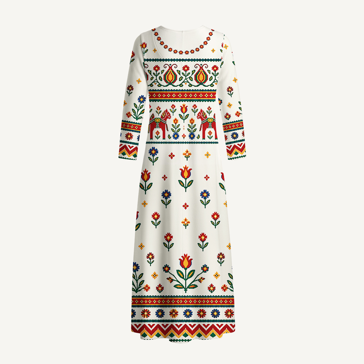 Scandinavian Folk Horse & Tulip Long Sleeve Maxi Dress with Pockets