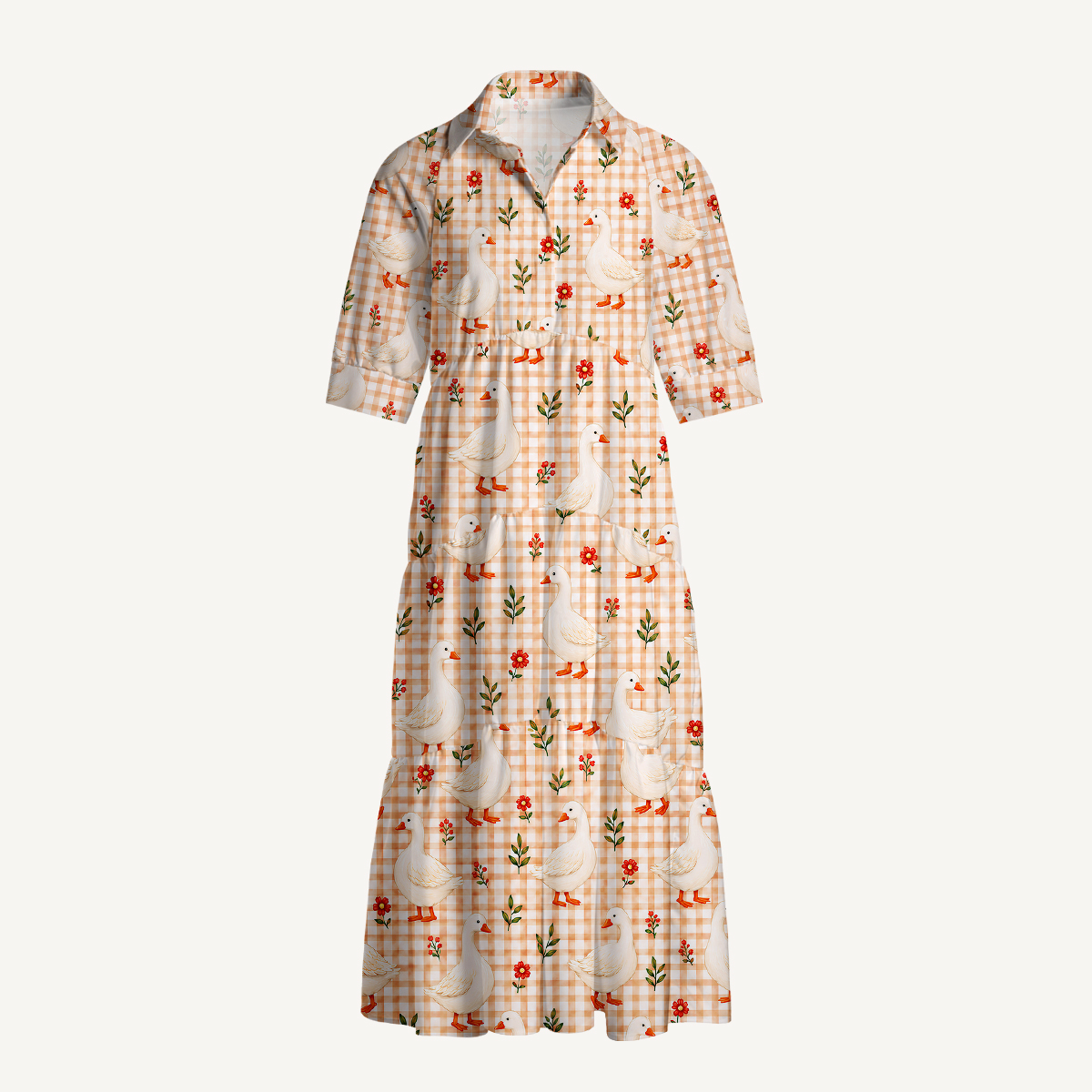 V Neck Collared Country Gingham Garden Geese Print Casual Midi Dress With Pockets
