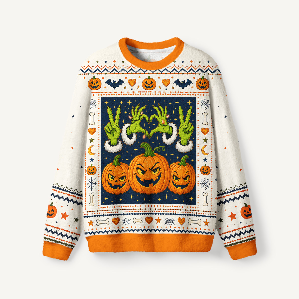 Playful Pumpkin Magic Hands Fuzzy Crewneck Sweater