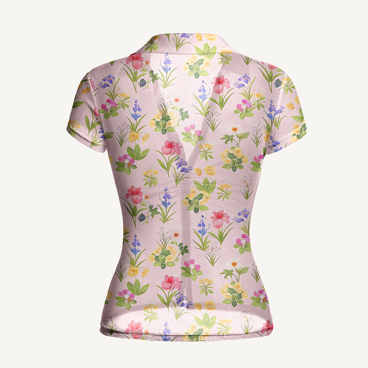 V-Neck Short Sleeve Delicate Blossom Print Mesh Top