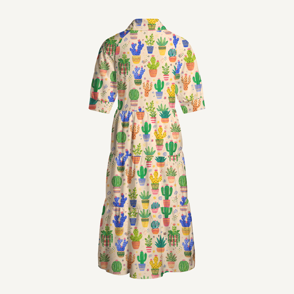 V Neck Collared Colorful Cactus Garden In Pots Print Casual Midi Dress With Pockets