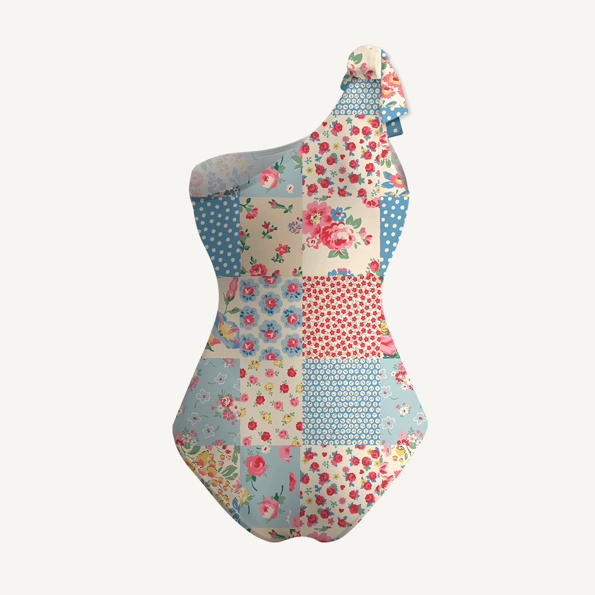 Pastel Patc One Shoulder One Piece Swimsuit and Matching Sarong Set for Women