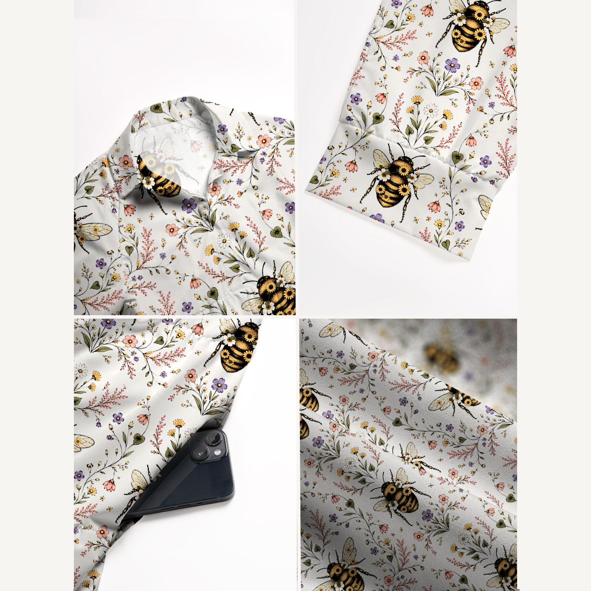 V Neck Collared Bee Floral Print Quilt Print Casual Midi Dress With Pockets