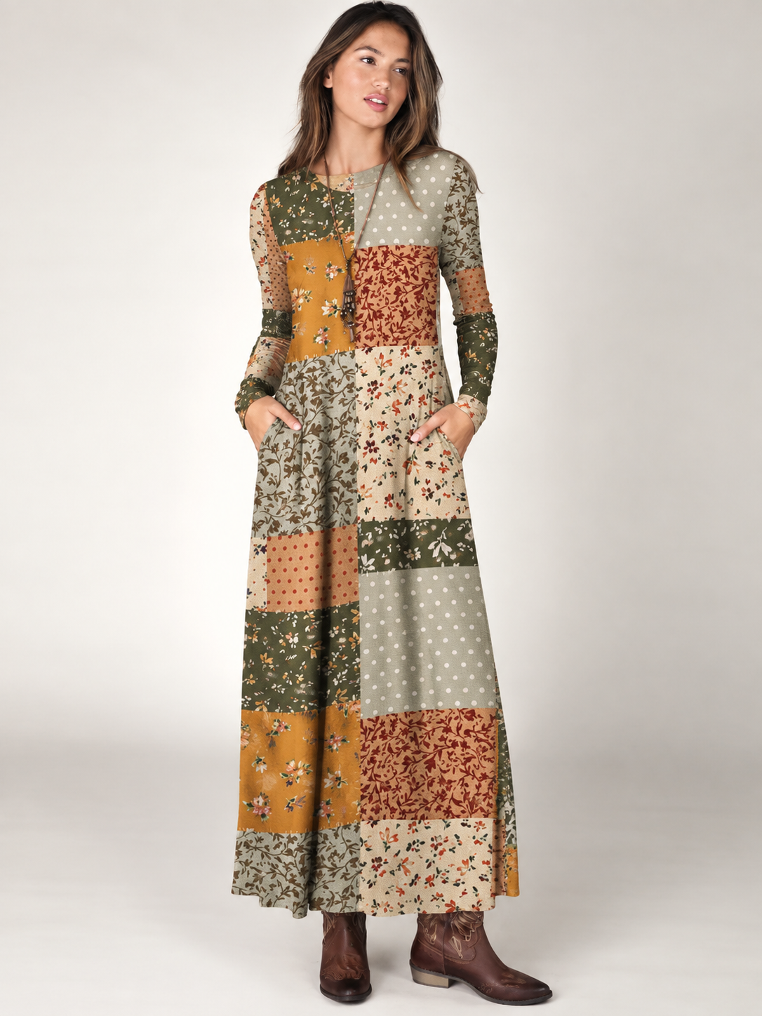 Rustic Floral Patchwork Print Soft-Touch Stretch Knit Long Sleeve Maxi Dress with Pockets