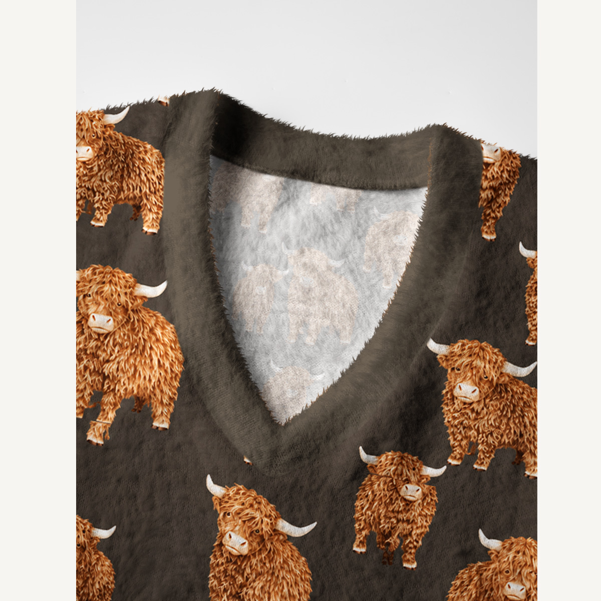 Fluffy Highland CowPrint V-Neck Sweater Vest