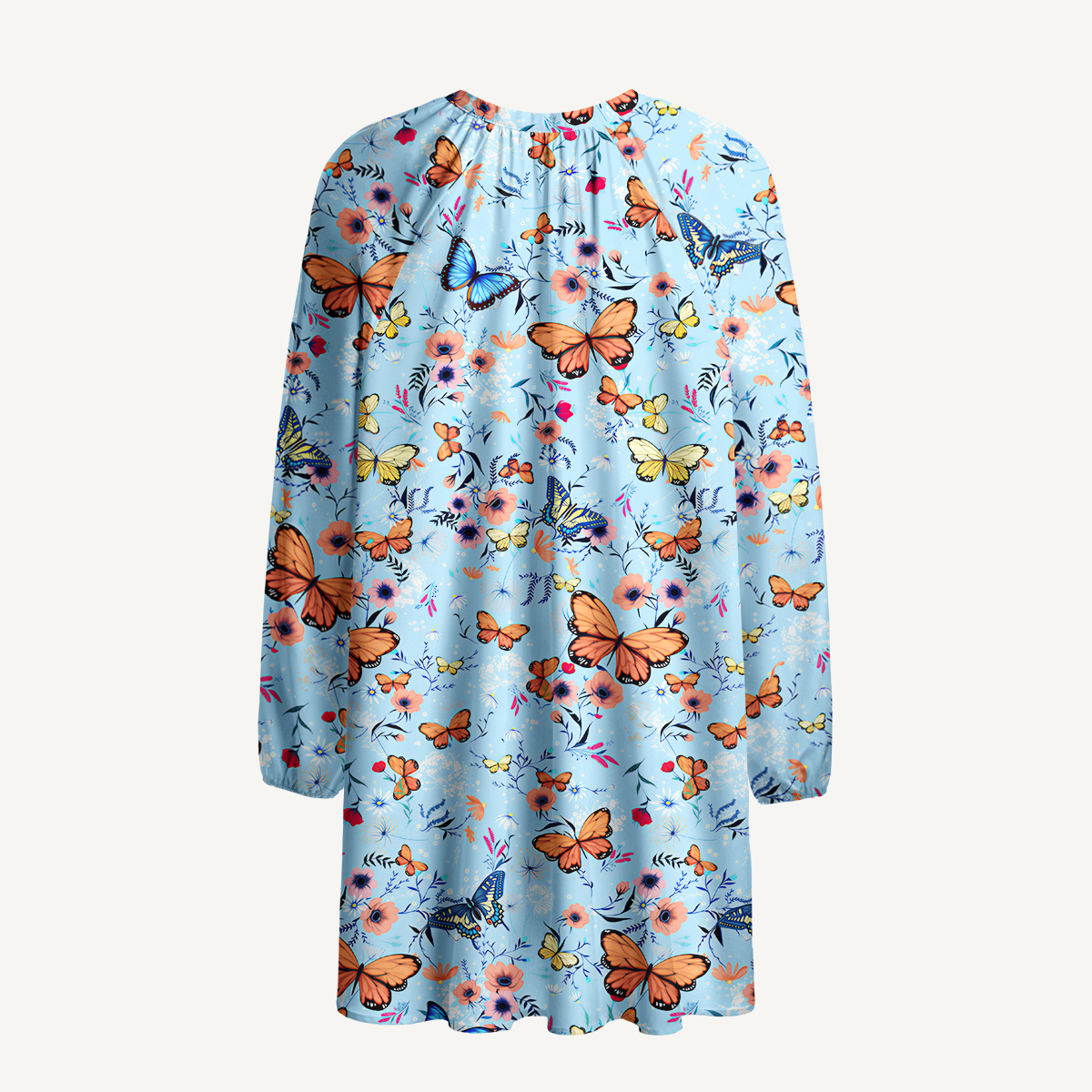 Butterfly Blossom Print Boho Tie‑Neck Smock Mini Dress