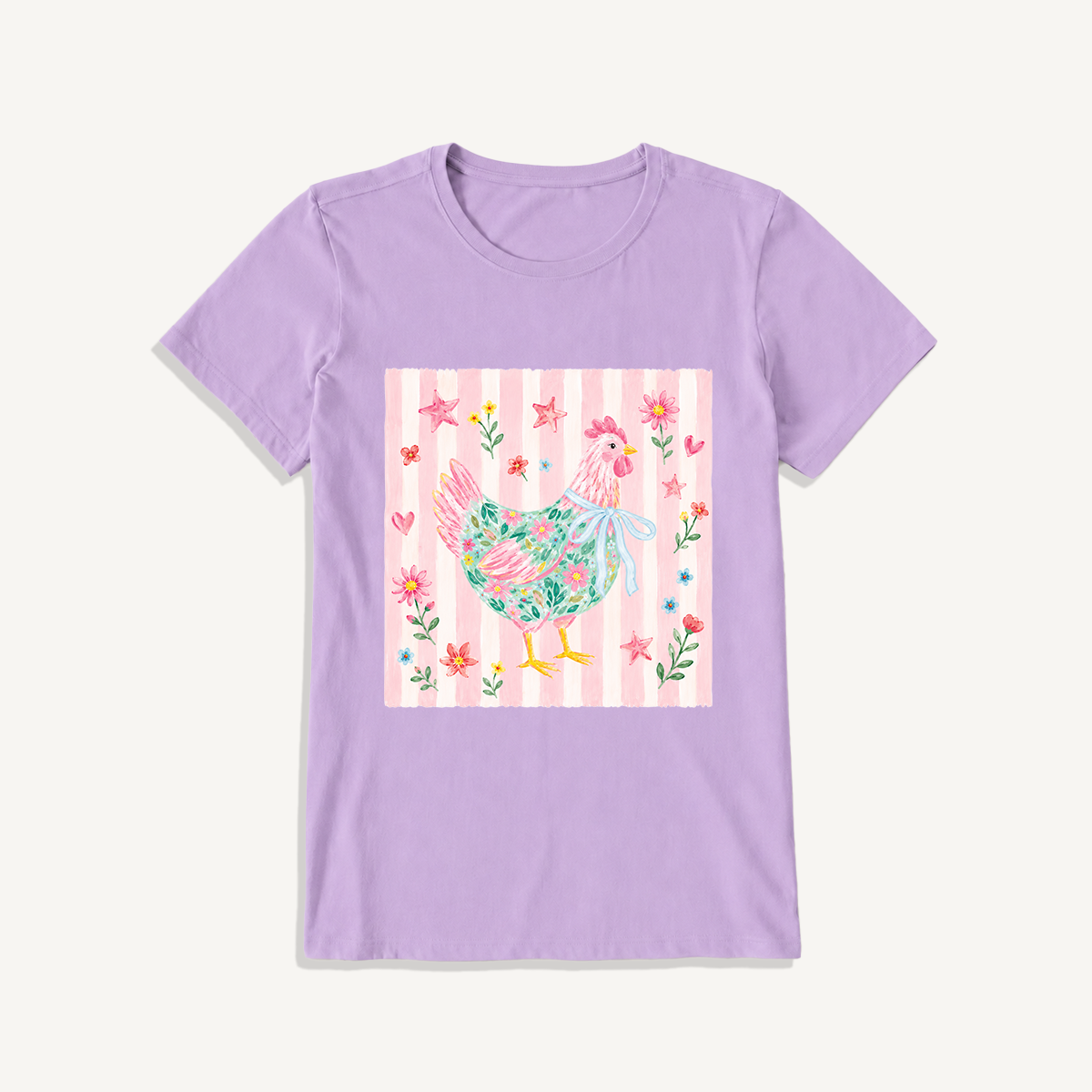 Cozy Floral Hen Nook Print Crew Neck Cotton Tee