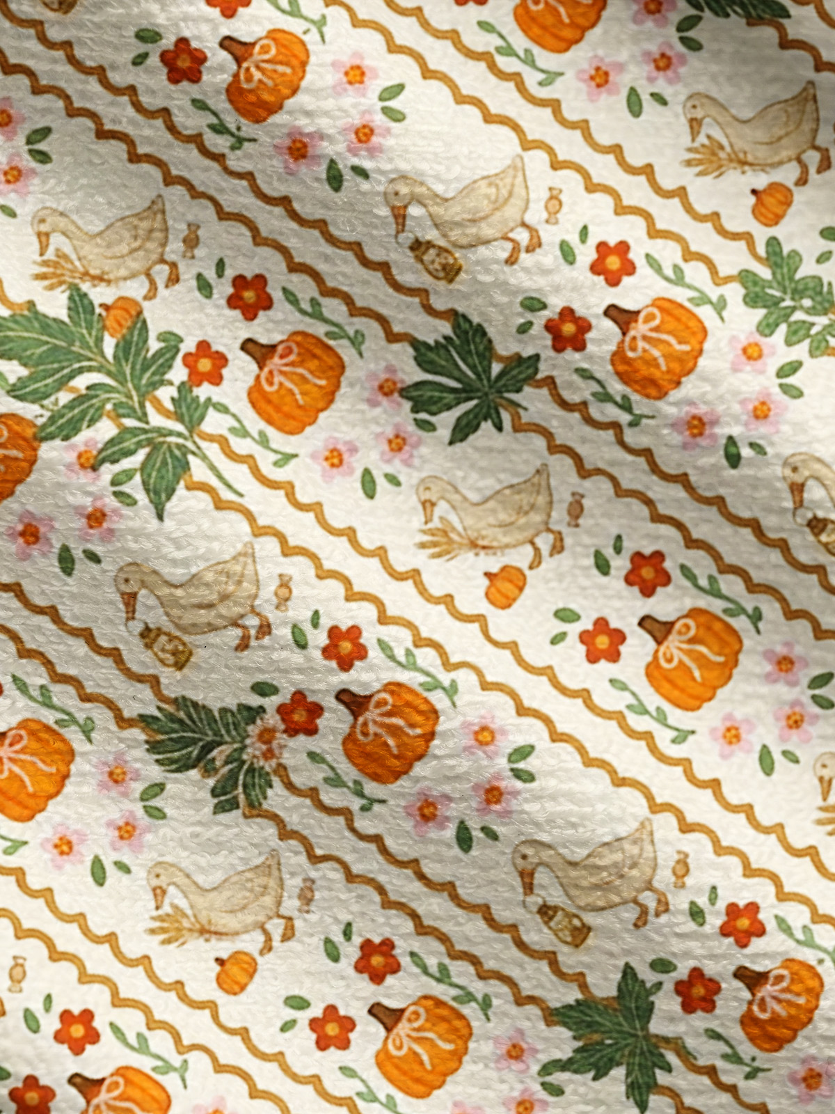 Lightweight Crew Neck Long‑Sleeve Cropped Harvest Goose & Pumpkin Print Fine‑Knit Cardigan