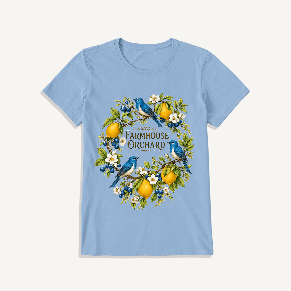Farmhouse Orchard Bluebirds Print Crew Neck Cotton Tee