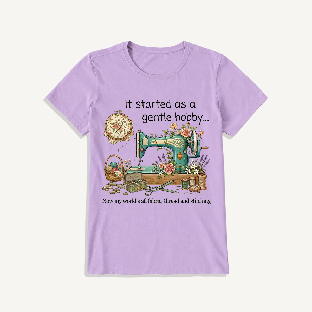 Gentle Hobby Floral Sewing Print Crew Neck Cotton Tee