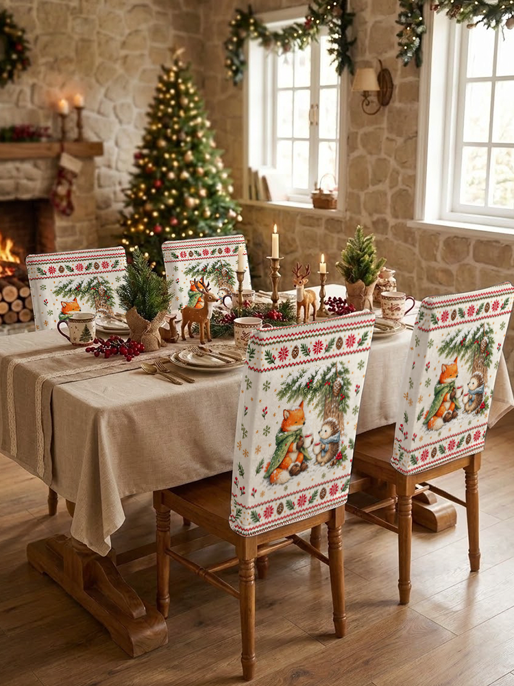 Cozy Winter Fox & Hedgehog Print Dining Chair Back Covers