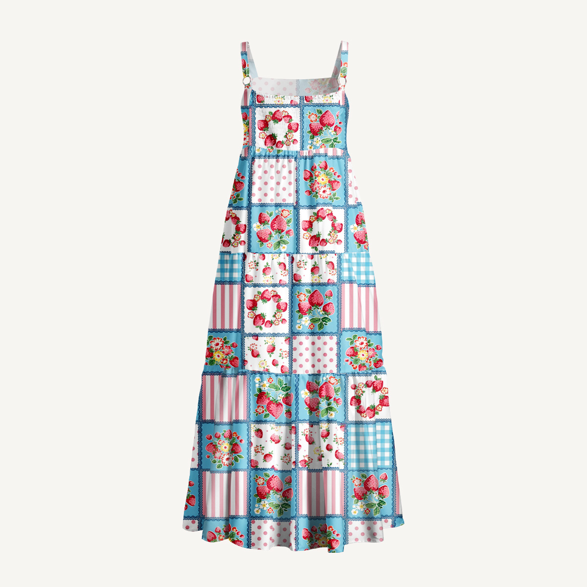  Strawberry Patchwork Print Wide Straps Maxi Dress With Pockets