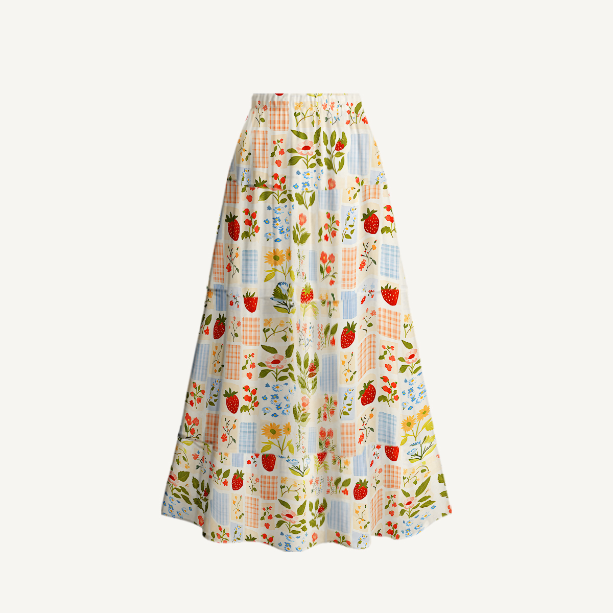 Strawberry Garden Patchwork  Ruffled V Neck One Piece Swimsuit and Matching Midi Skirt Set