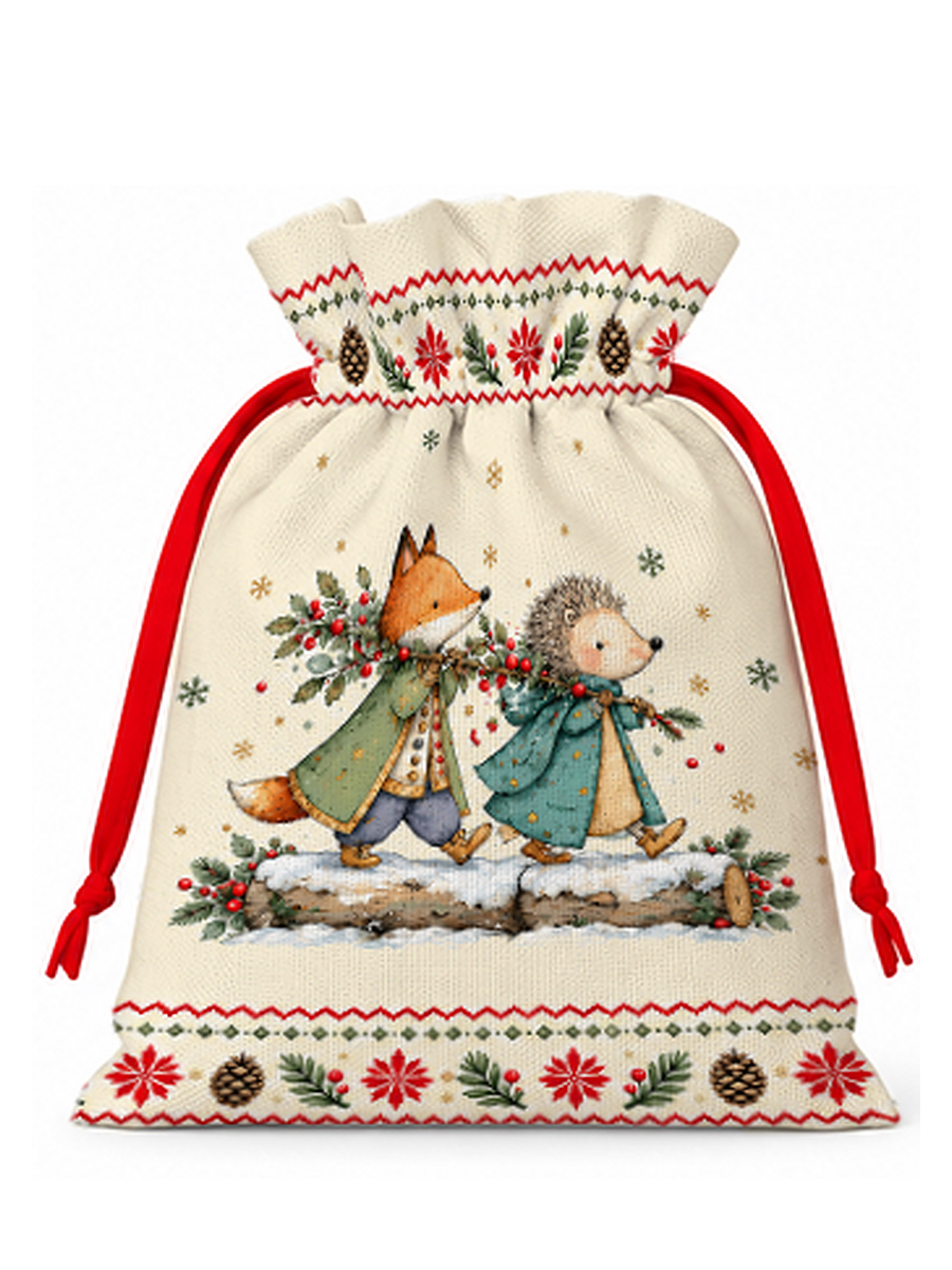 Christmas Fox & Hedgehog Reusable Drawstring Gift Bag