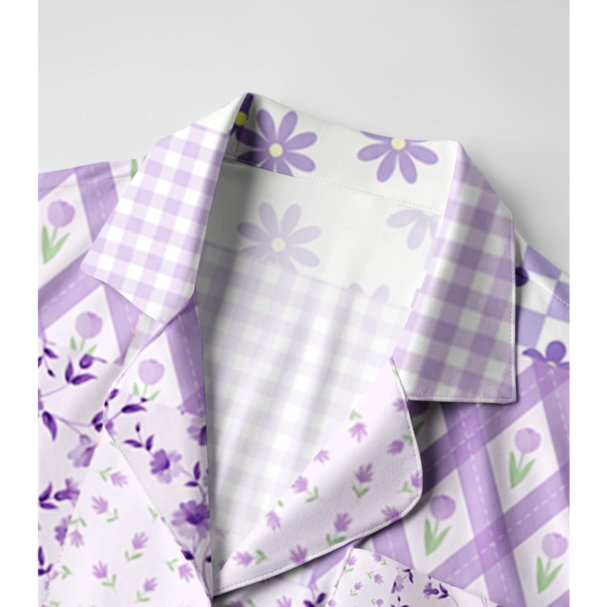 Lavender Daisy & Gingham Print Long Pajama Set 