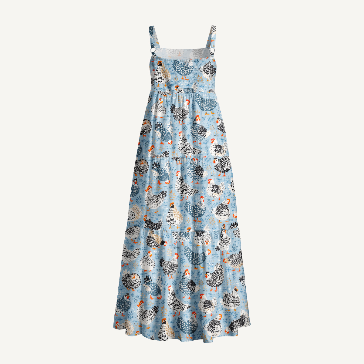 Chickens Blue Print Wide Straps Maxi Dress With Pockets