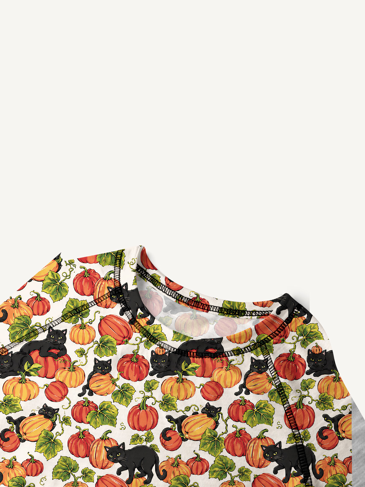 Black Cat & Pumpkin Patch All-Over Print Cotton Raglan Long Sleeve Top