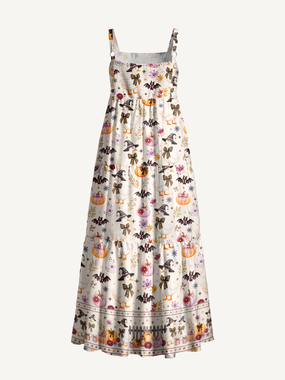 Rustic Halloween Goose Print Wide Straps Maxi Dress With Pockets