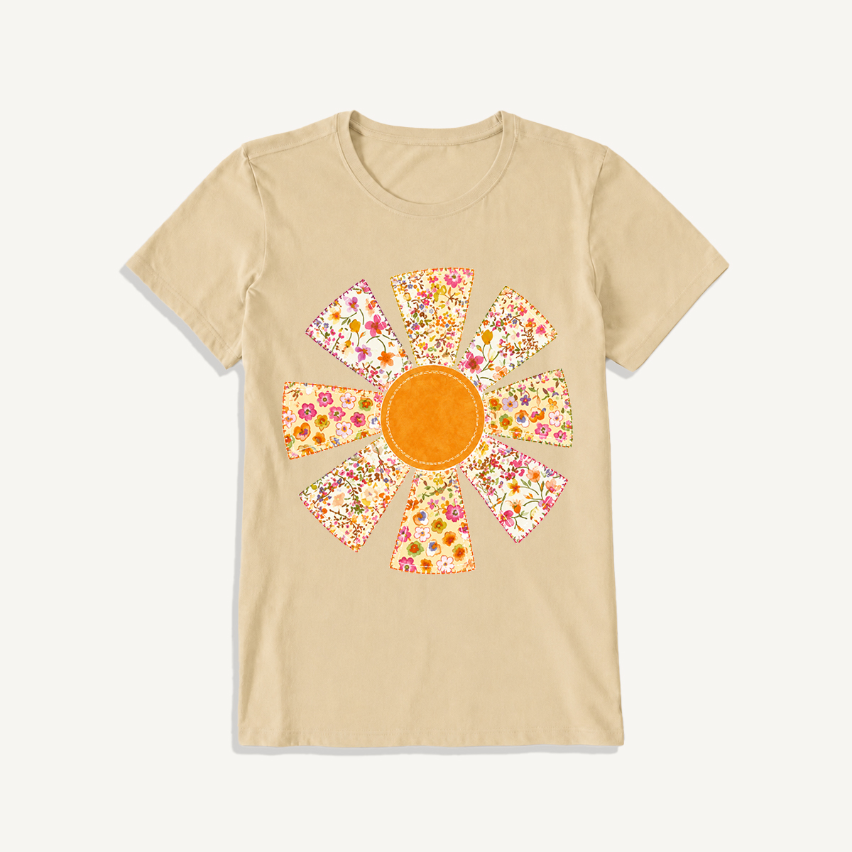 Golden Patchwork Daisy Print Crew Neck Cotton Tee