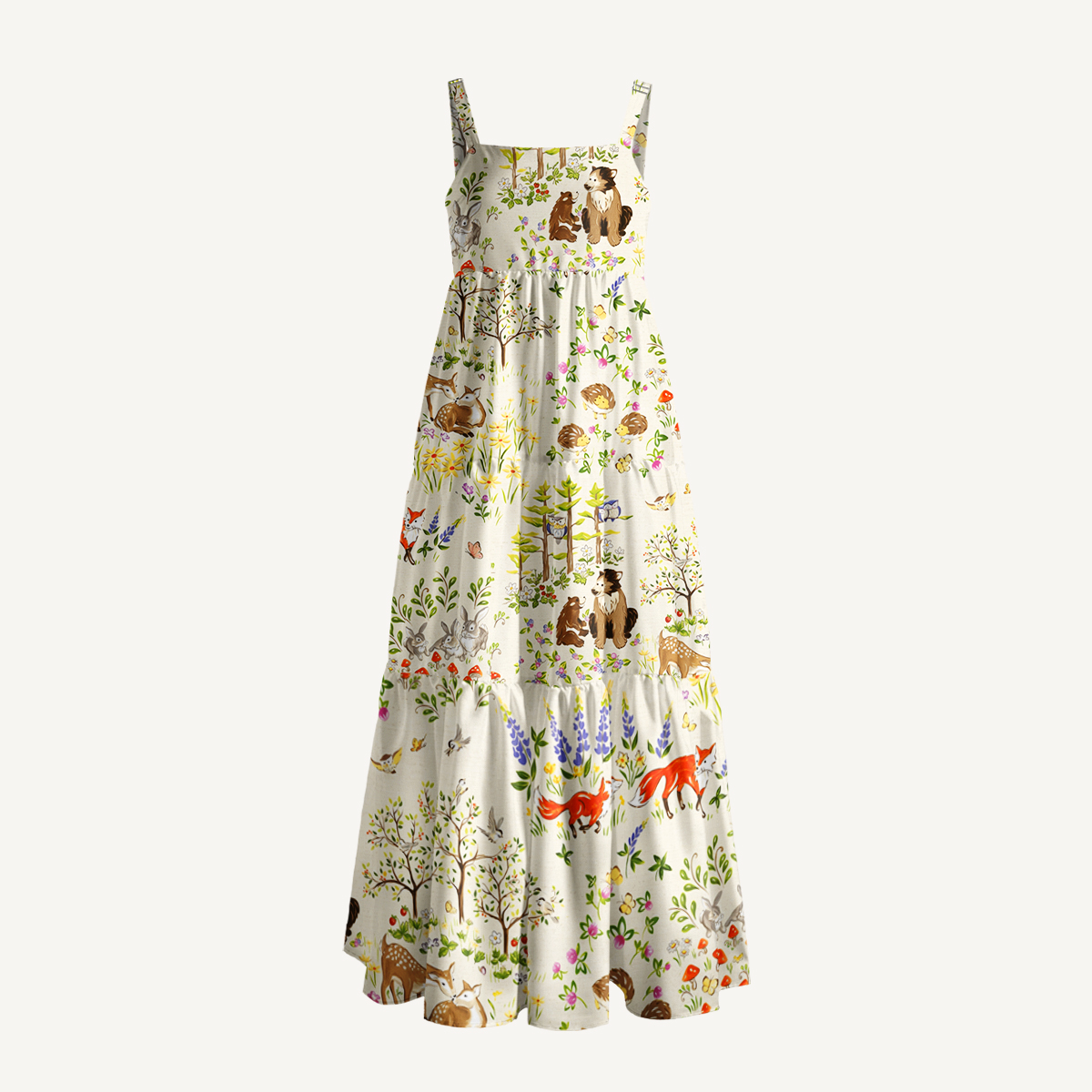 Whimsical Forest Animals Print Quilt Wide Straps Maxi Dress With Pockets