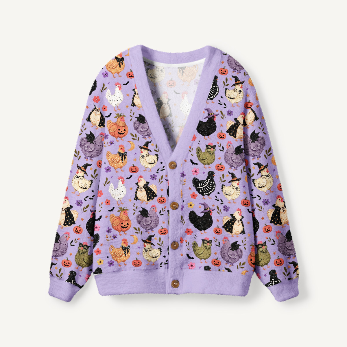  Witchy Halloween Hen & Pumpkin Print Ugly Cardigan Sweaters