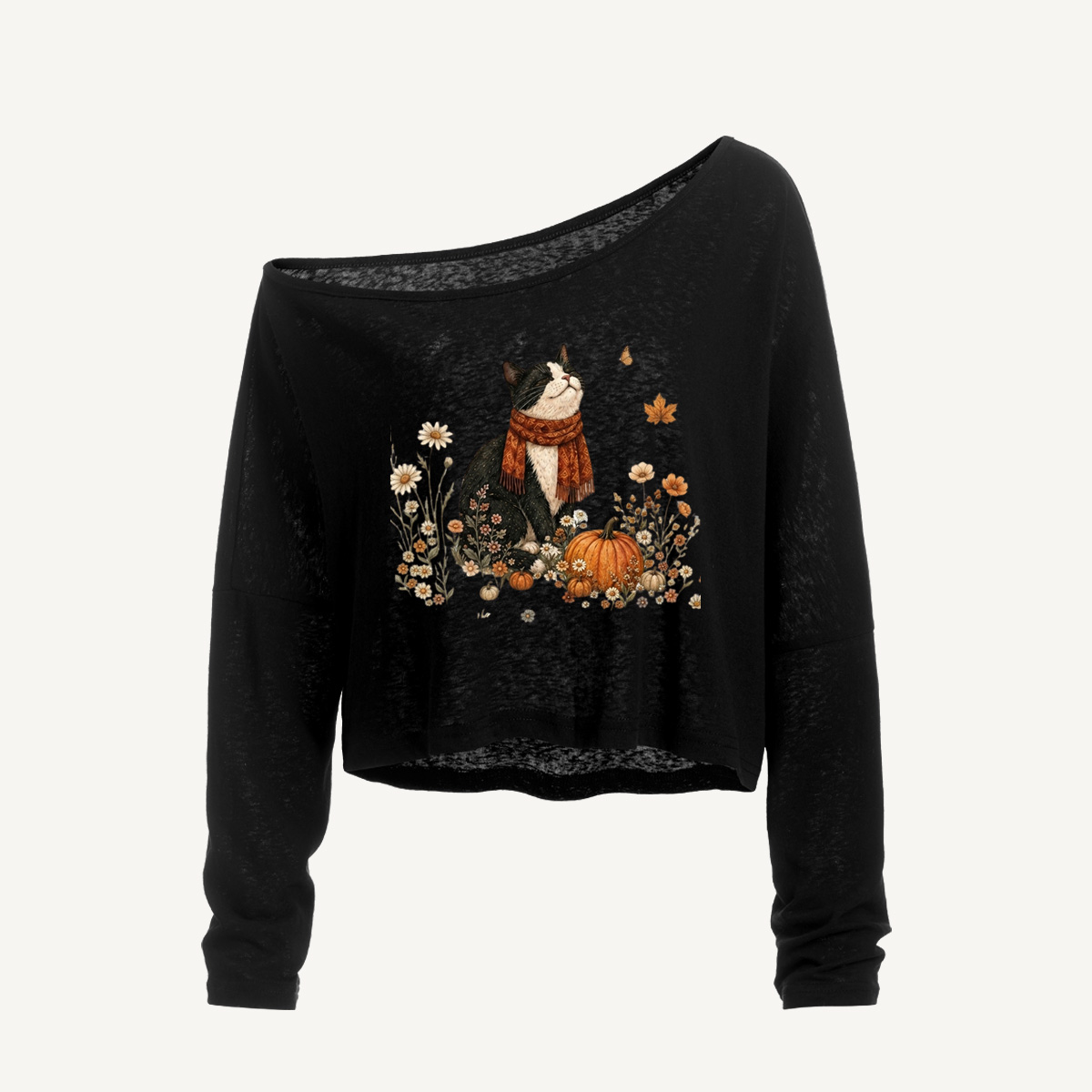 Autumn Pumpkin Field Black Cat Long Sleeve Off Shoulder T-shirt