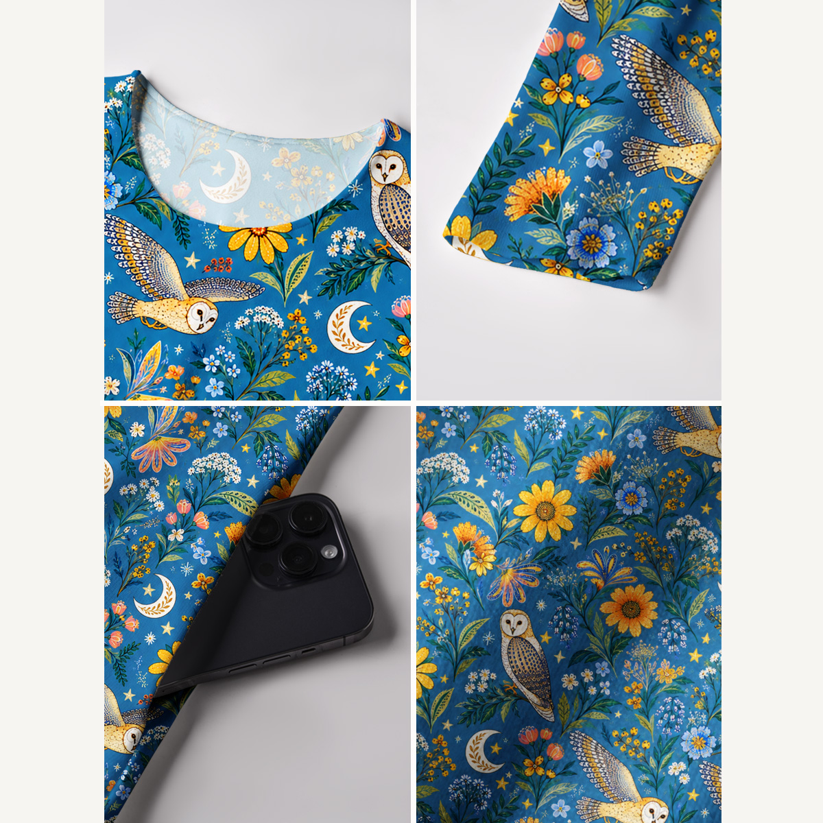 Moonlit Owl & Wildflowers Print Soft-Touch Stretch Knit Long Sleeve Maxi Dress with Pockets