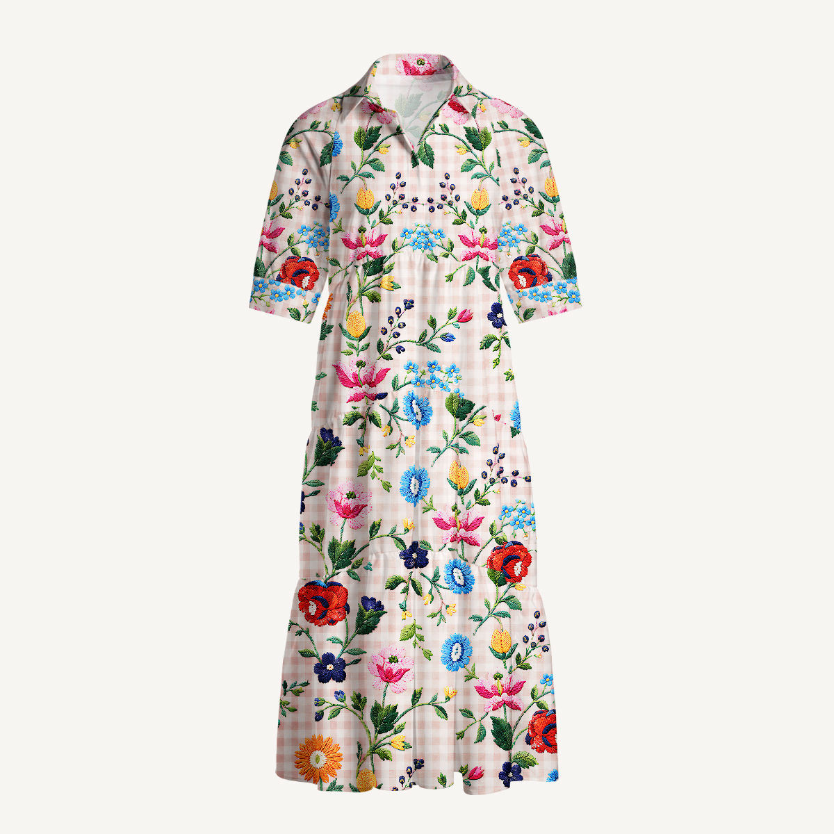 Embroidered Meadow Gingham Print Casual Midi Dress With Pockets