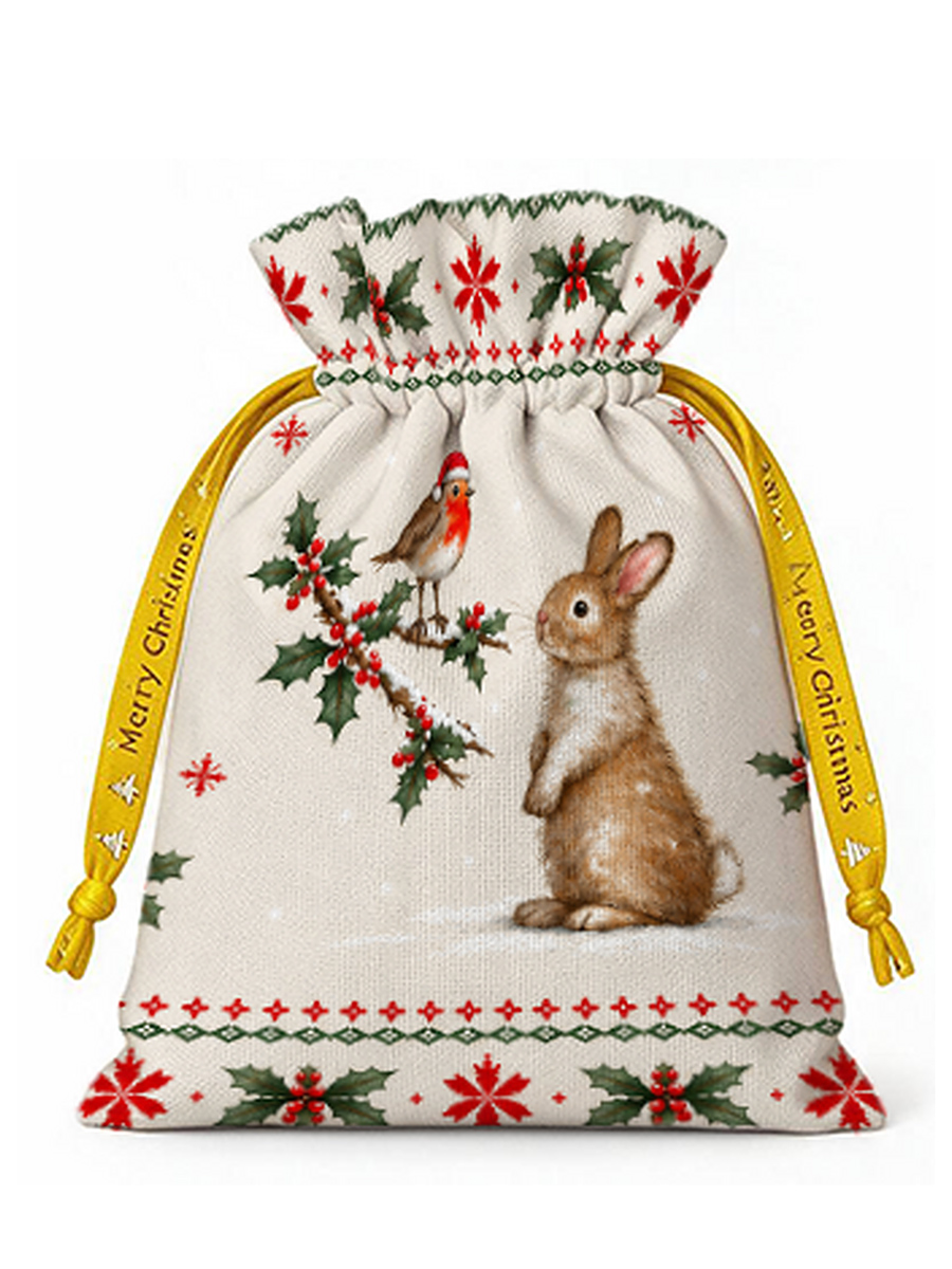 Christmas Robin & Bunny Reusable Drawstring Gift Bag