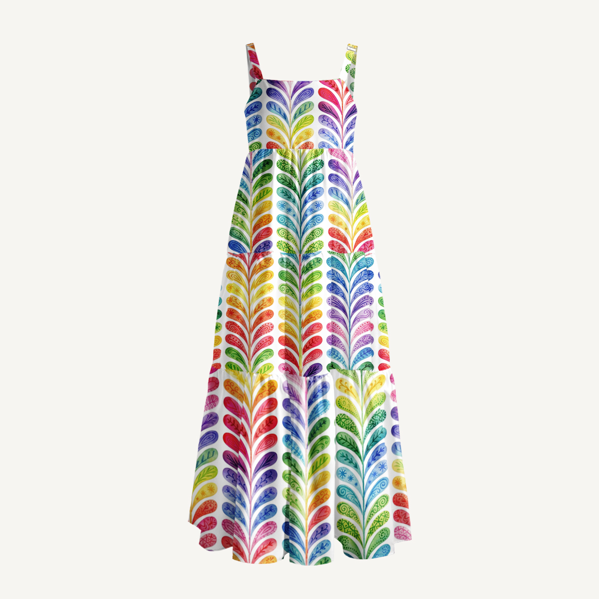 Rainbow Feather Stripes Print Quilt Wide Straps Maxi Dress With Pockets