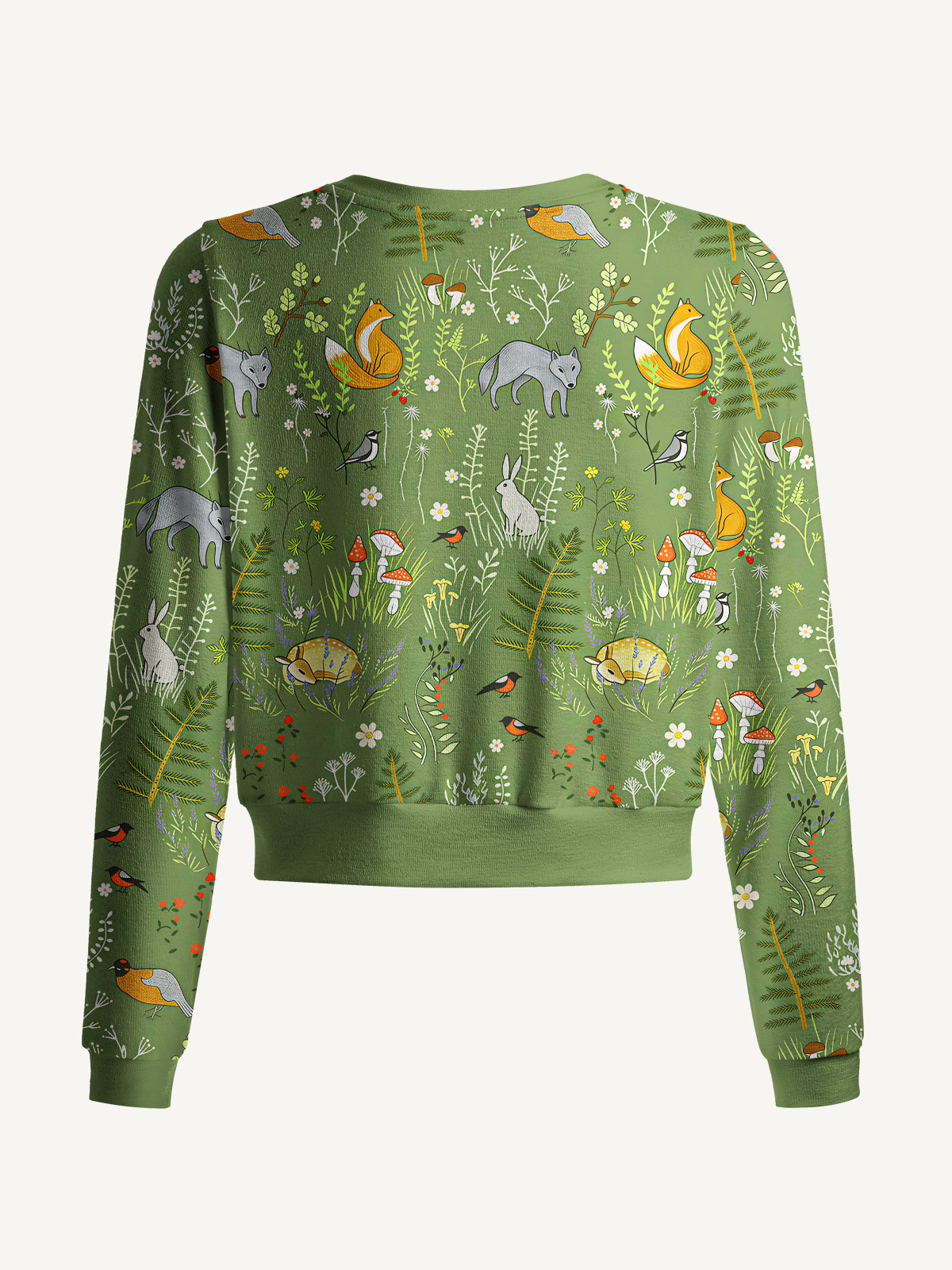 Lightweight Crew Neck Long‑Sleeve Cropped Whimsical Woodland Animals Print Fine‑Knit Cardigan