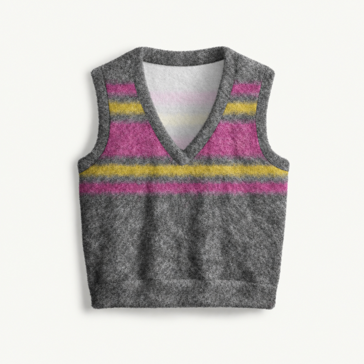 Grey Striped Fuzzy Print V-Neck Sweater Vest